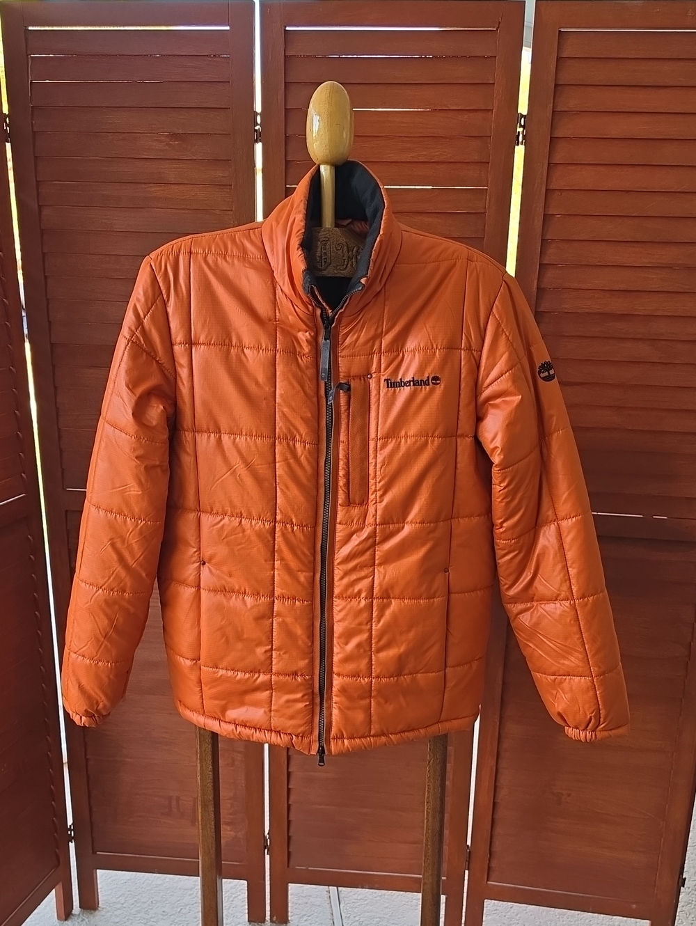 Vintage Timberland Women's Orange Ripstop Grid Quilted Puffer Jacket - Size Med.